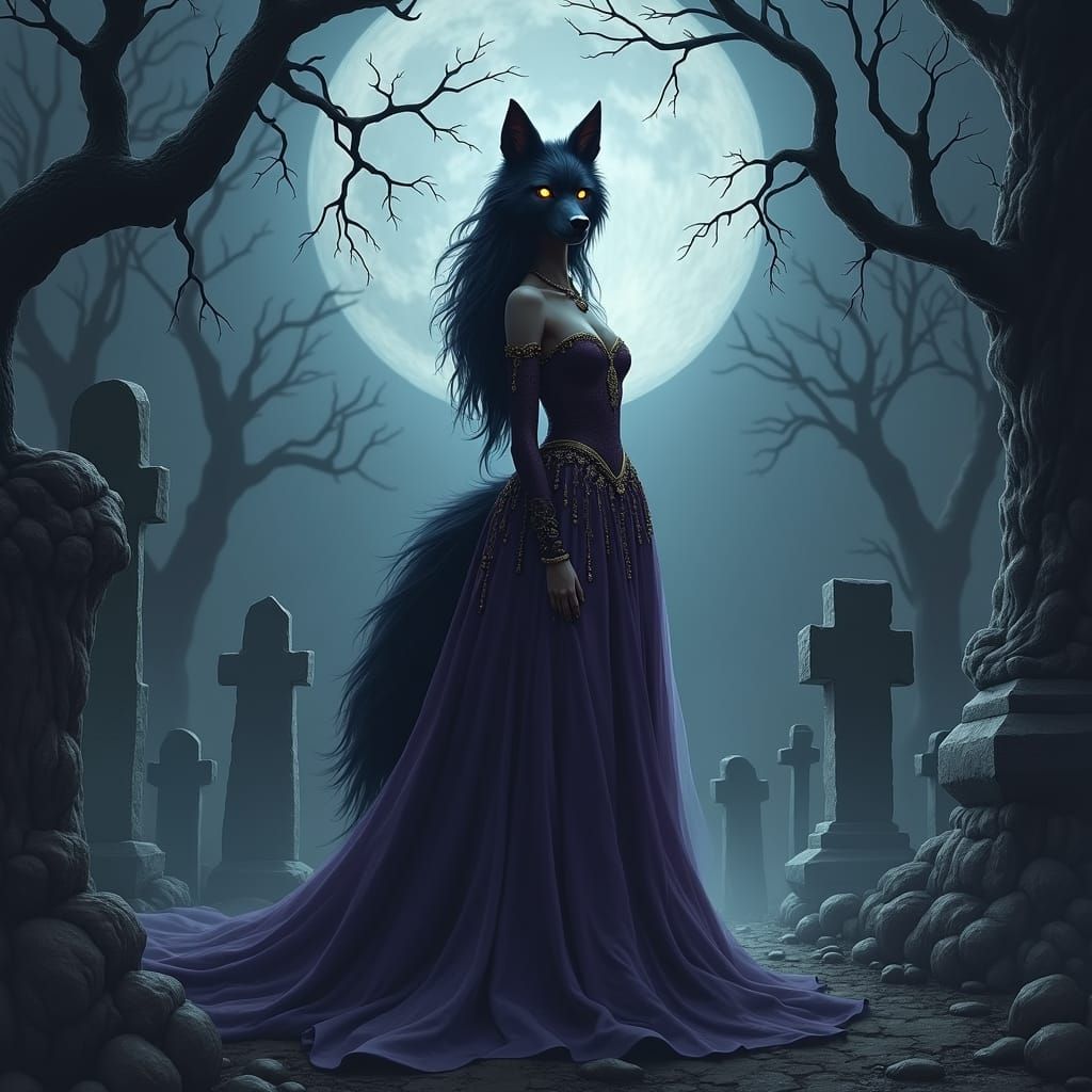 Moonlit Gothic Cemetery with Anthropomorphic Wolf