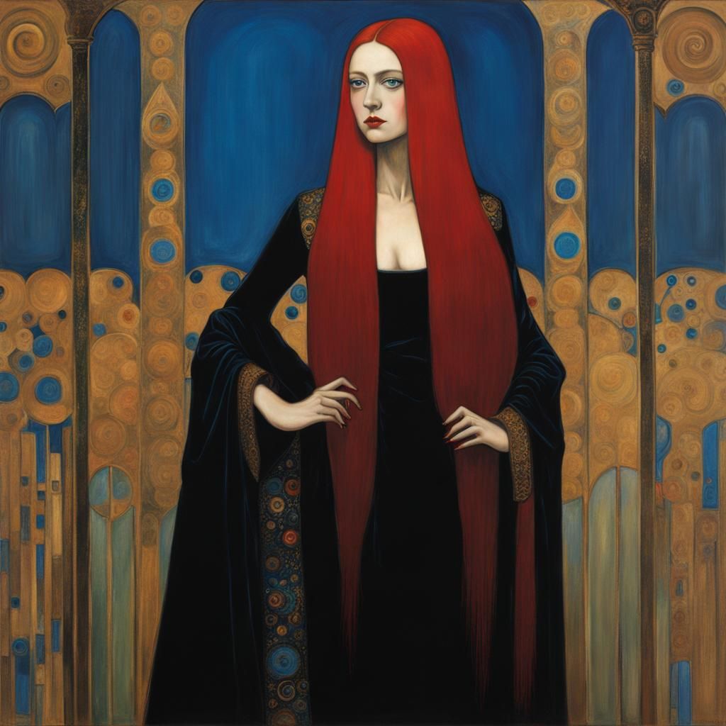 Red-Skinned Woman in Gothic Dress with Art Nouveau Decor