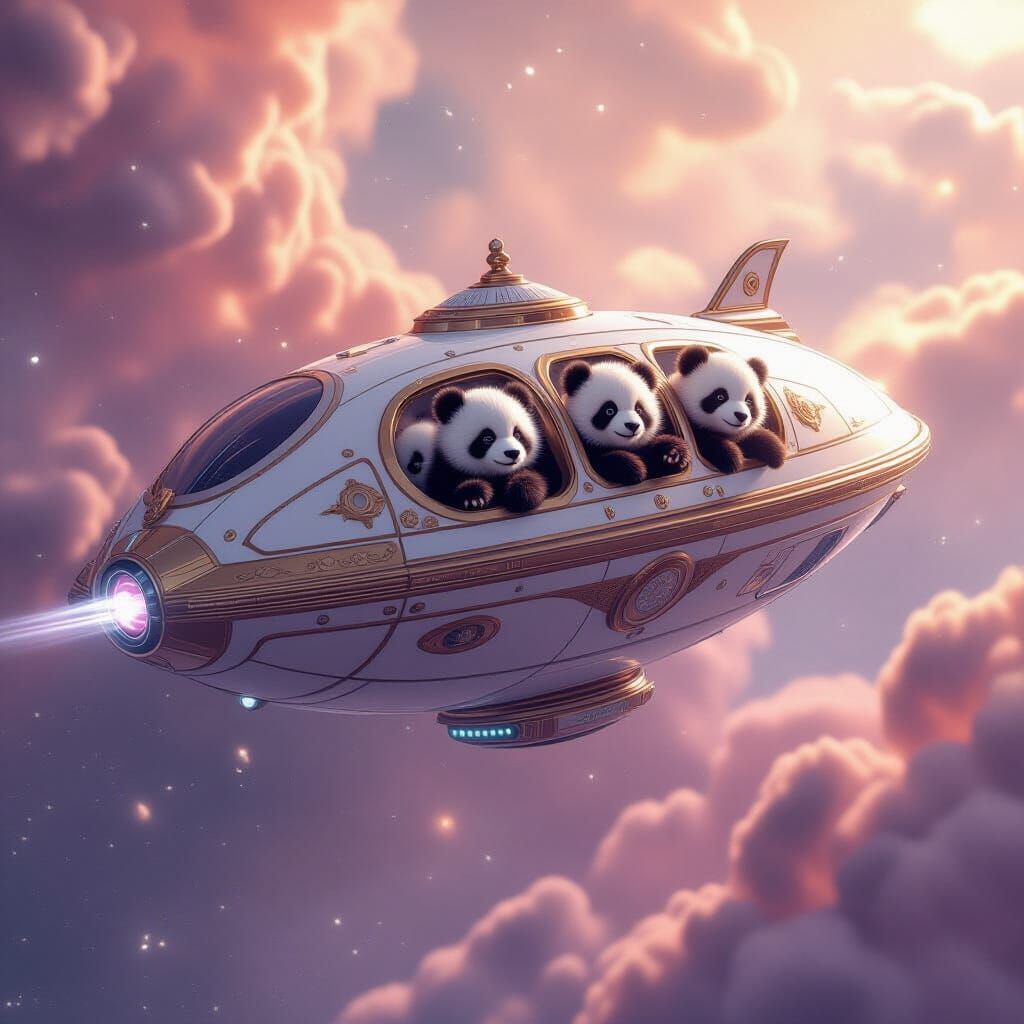 Ornate Vase Spaceship in Rose Gold Nebula with Panda Cubs