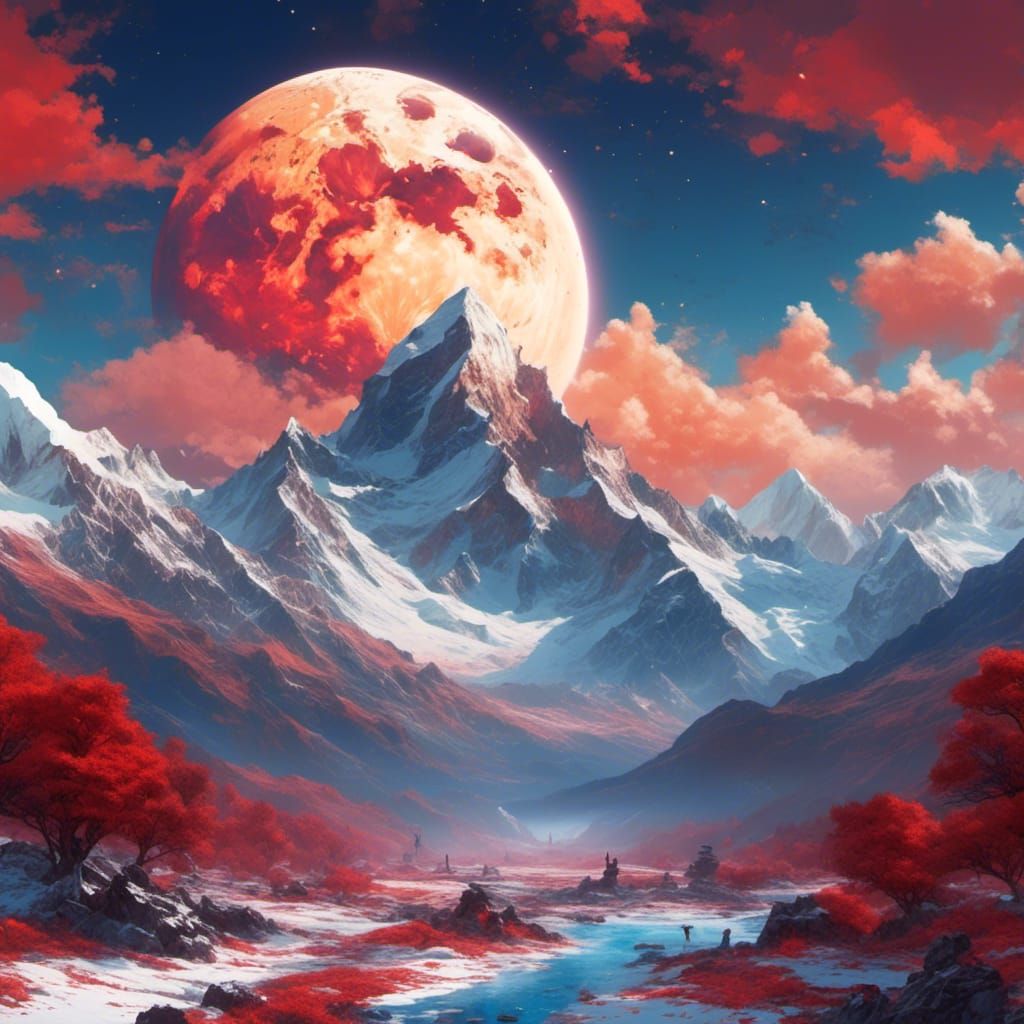 Red and Blue Supermoon Over Mount Everest