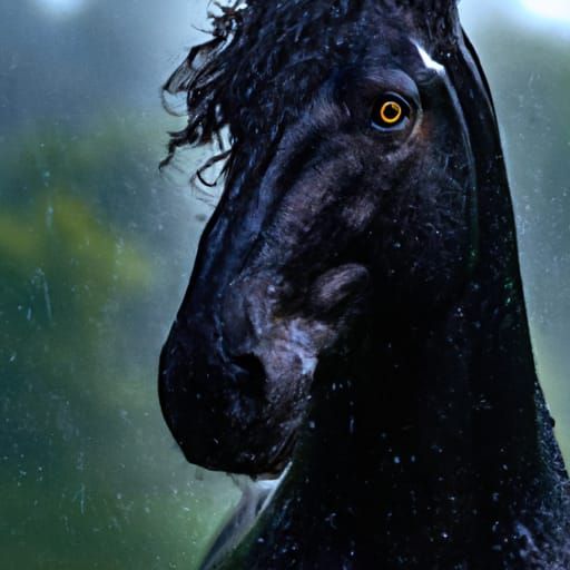 Dramatic Portrait of a Black Pegasus in Rain