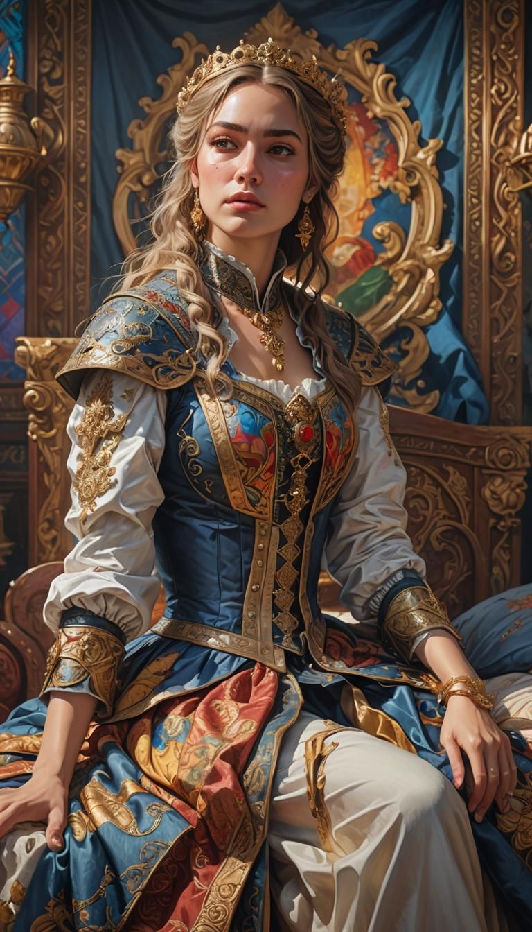 Medieval Lady on a Bed: Hyperrealistic Splash Art