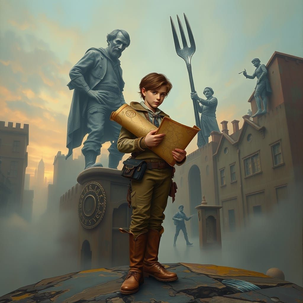 Surreal Adventurer in Dreamlike Cityscape at Dusk