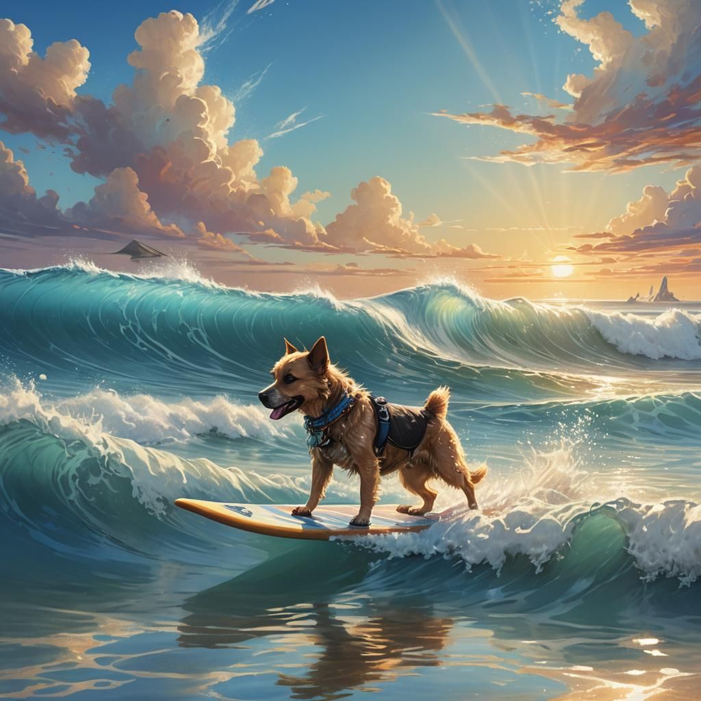Dog Rides a Wave in Mystical Art Nouveau Style