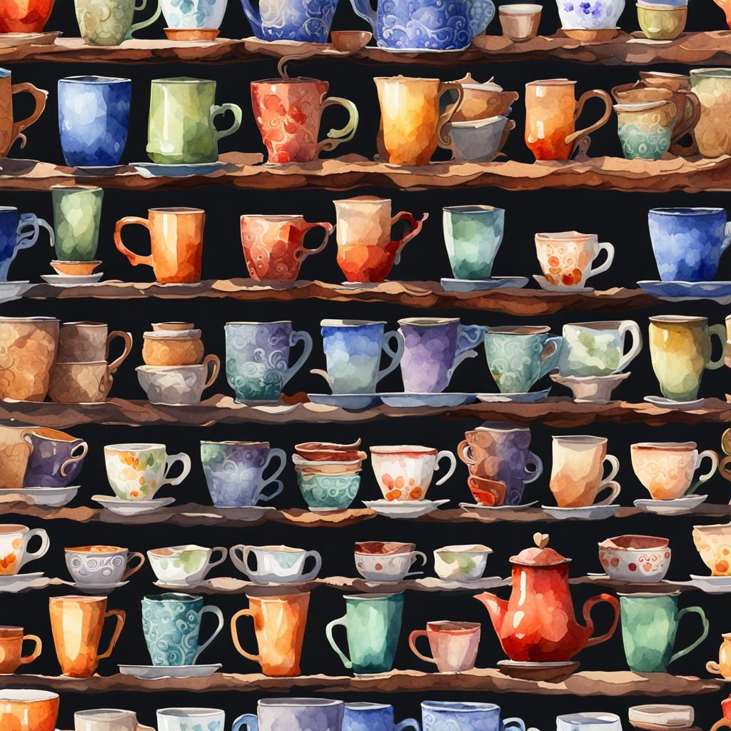 Watercolor Coffee Mugs on Kitchen Counter