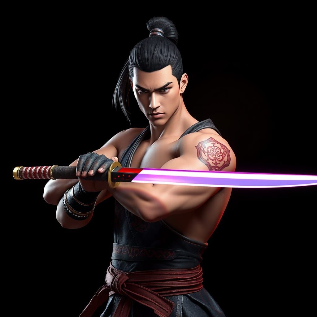 Cyberpunk Samurai with Plasma Katana in 3D Anime Style