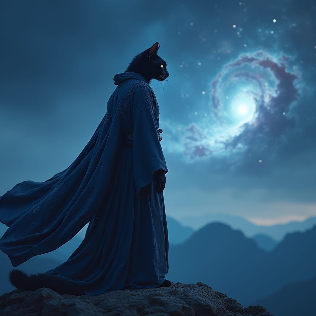 Regal Cat-Human Hybrid Gazing at Nebula