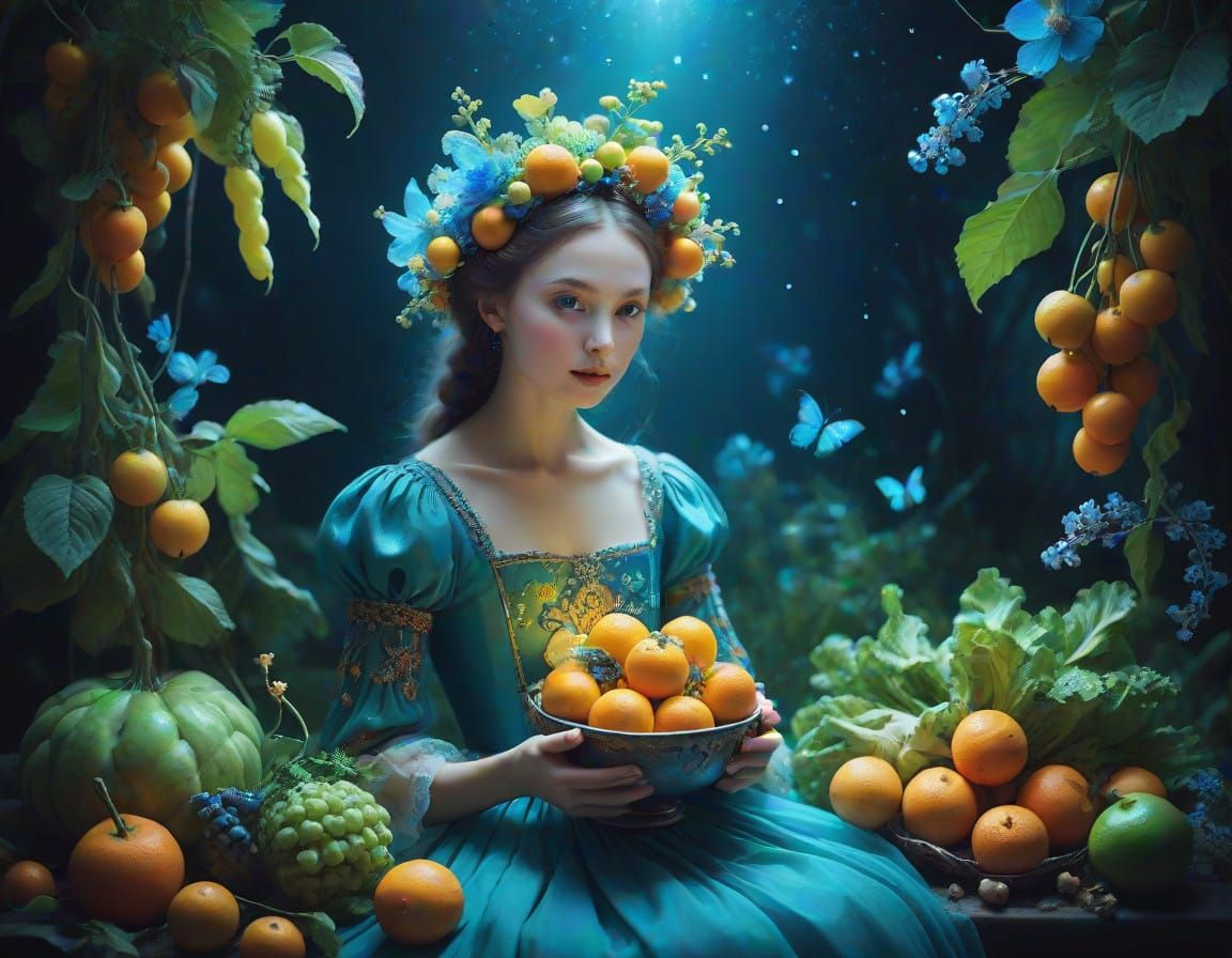 Bioluminescent Oranges in a Whimsical Dreamlike Setting