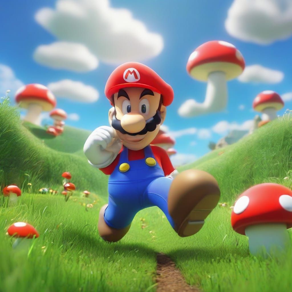 Mario Runs in Mushroom Kingdom: Colorful Digital Art