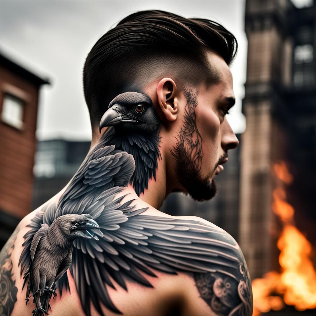 Raven Tattoo with Burning Building Background