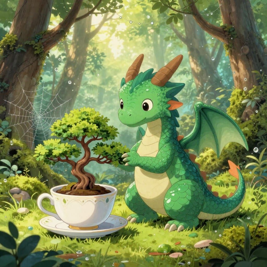 Tiny Dragon Tends Bonsai in Magical Forest Clearing