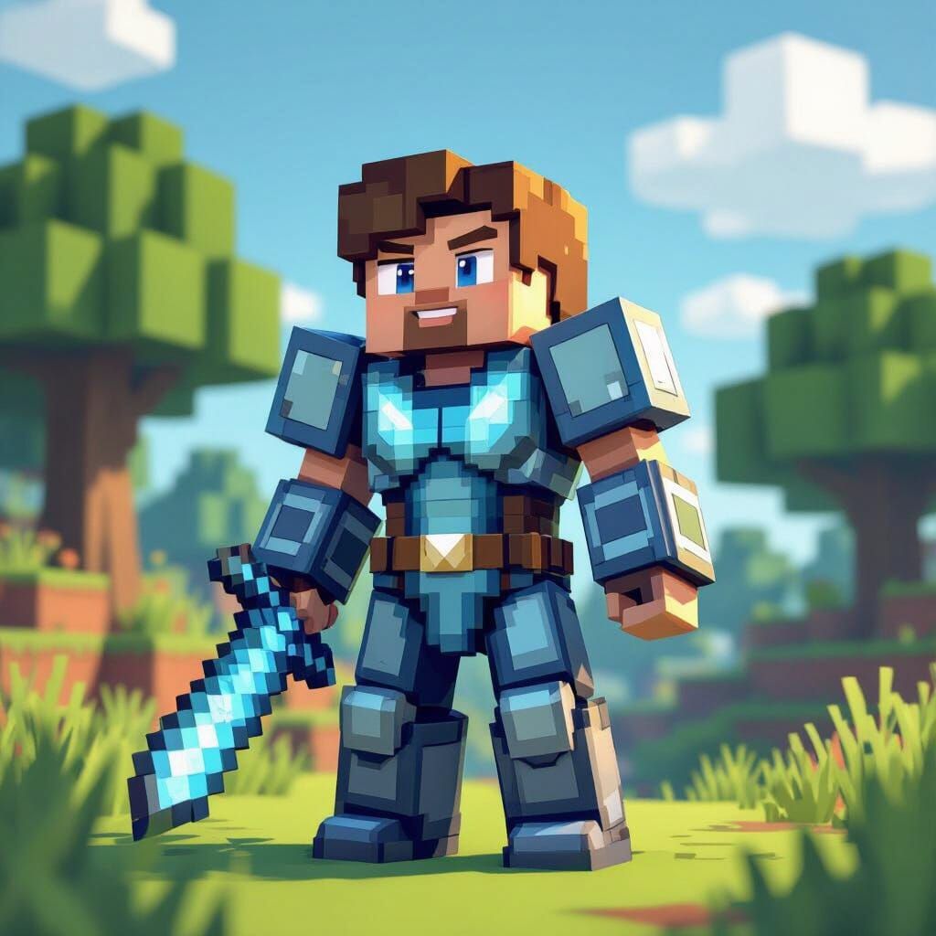 Minecraft Character in Pixelated Landscape, Digital Art
