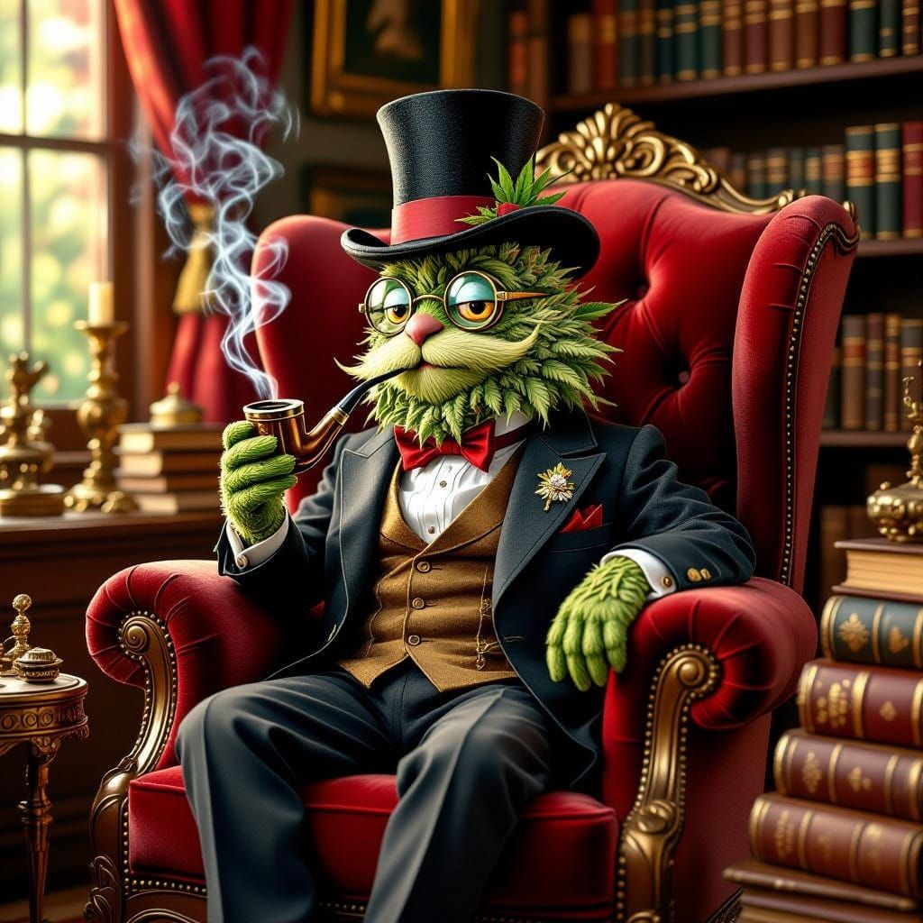 Anthropomorphic Cannabis Character in Cozy Study