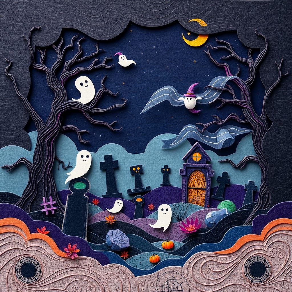 Mystical Graveyard Scene Crafted from Paper
