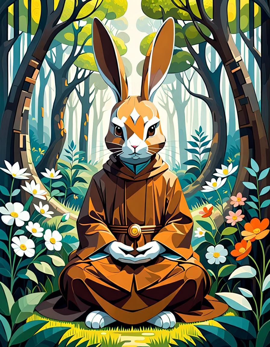 Meditating Rabbit in Cubist Forest