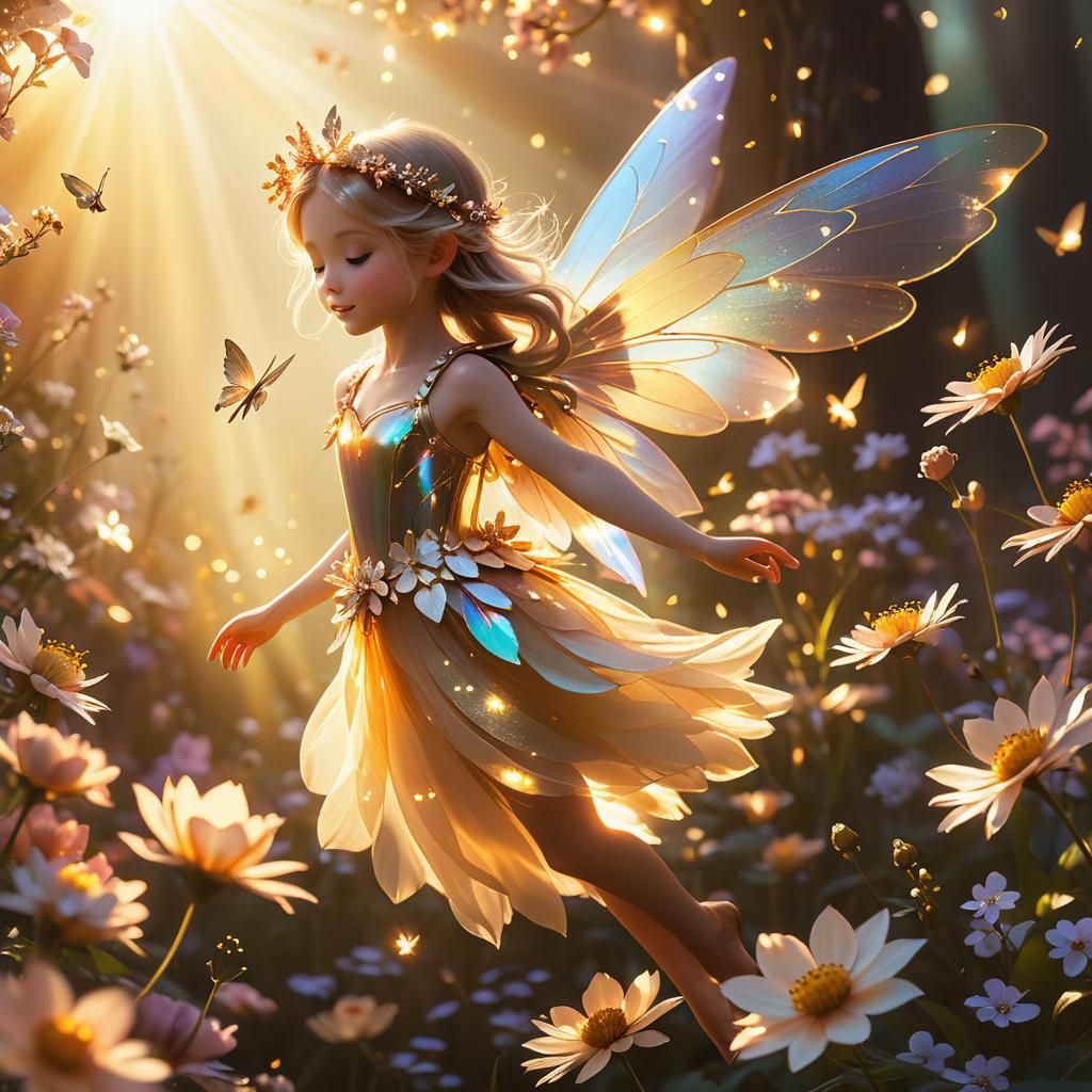 Ethereal Fairy Girl in a Golden Flower Garden