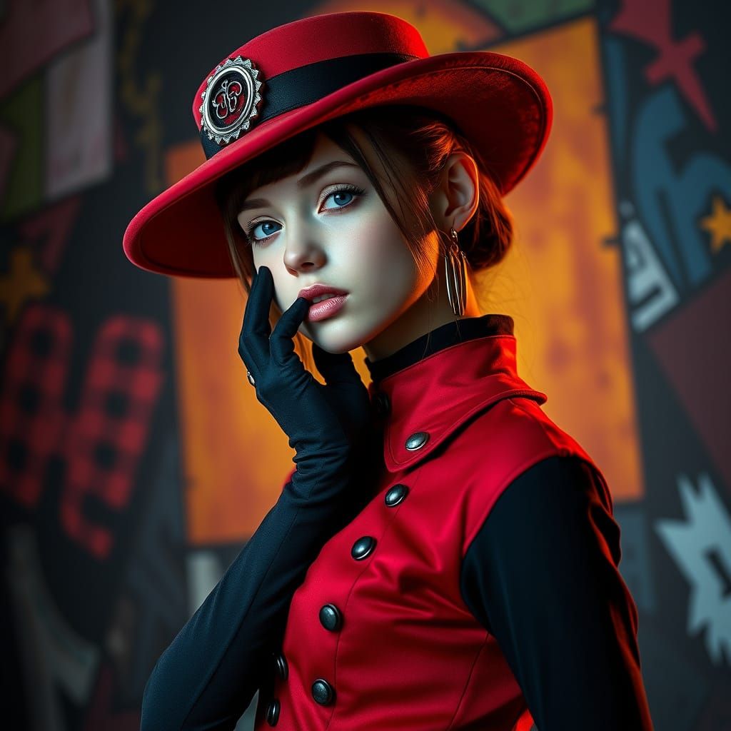 Hyperrealistic Girl in Red and Black Outfit