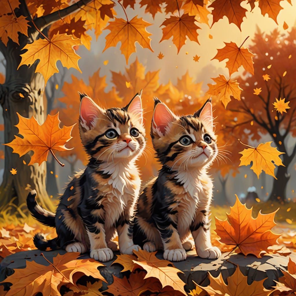 Kittens Playfully Batting Autumn Leaves in Golden Hour Light