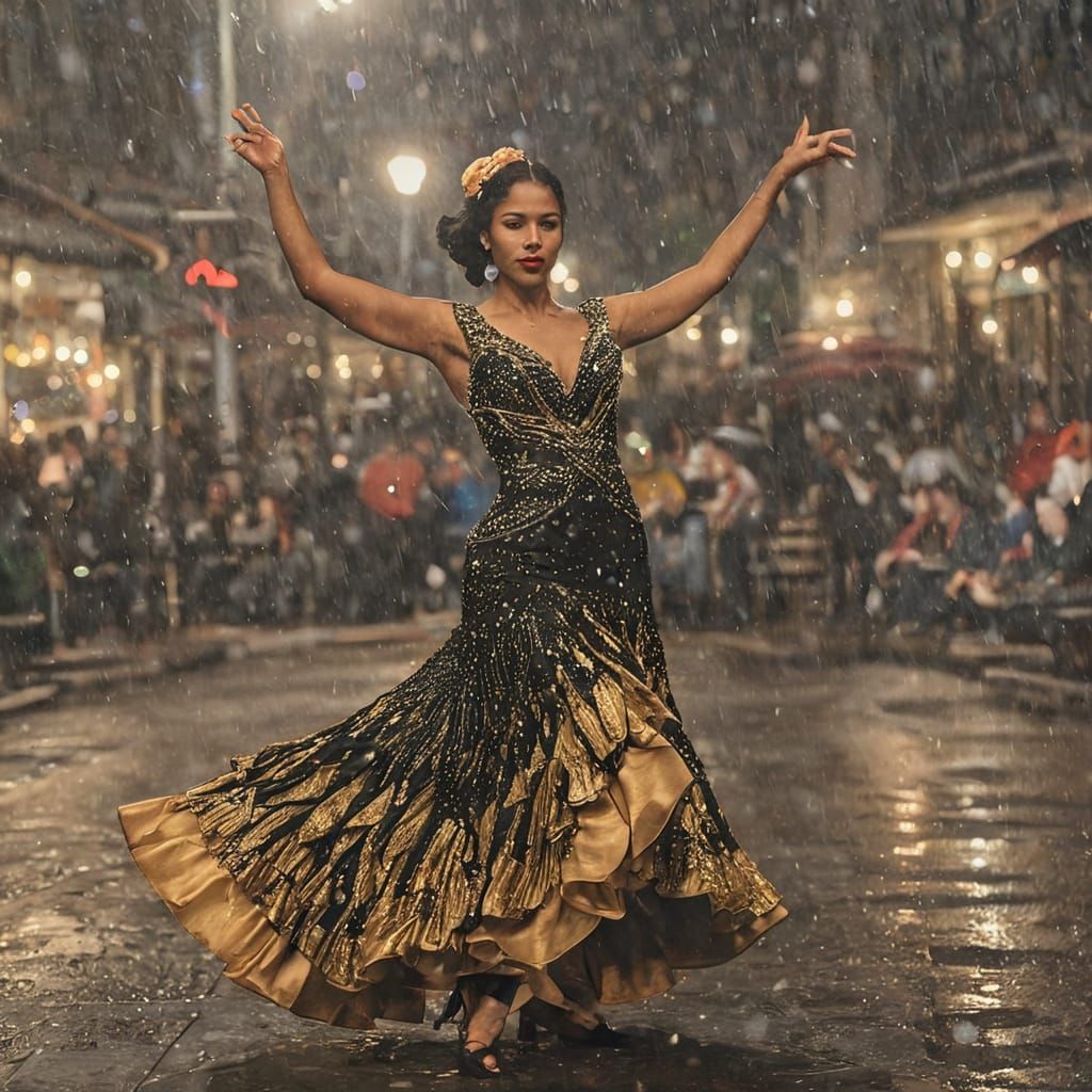 Flamenco Dancer in Gown on Rainy Street