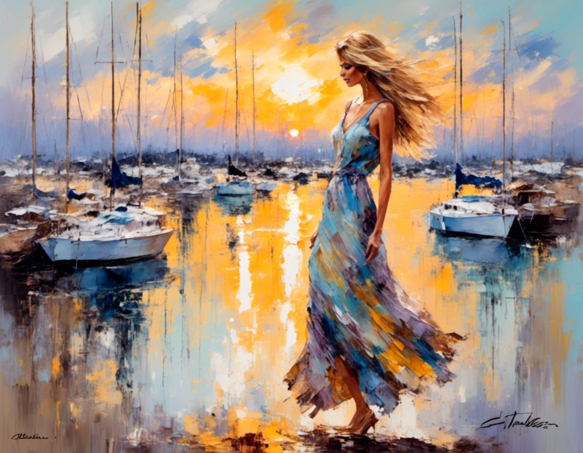 Impressionist Woman at Marina Dock During Sunset