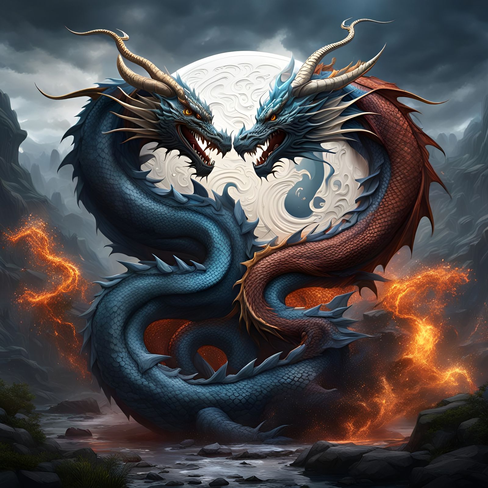 Ying Yang Dragon in Detailed Matte Painting