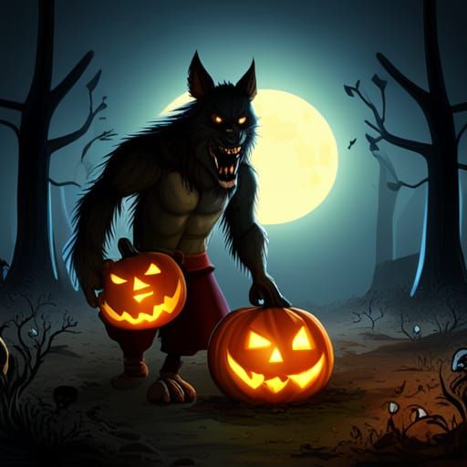 Halloween Jack-o-Lantern and Werewolf Cartoon