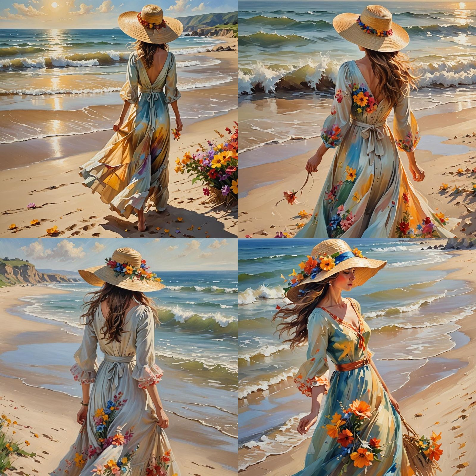 Woman with Flowered Hat, Beach Scene Oil Painting