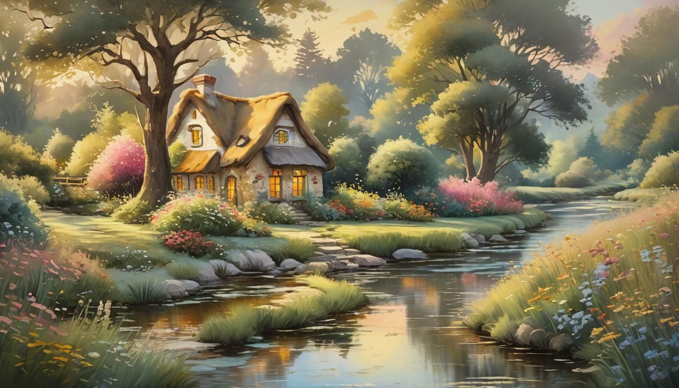 Impressionist Cottage with Lush Garden and Stream