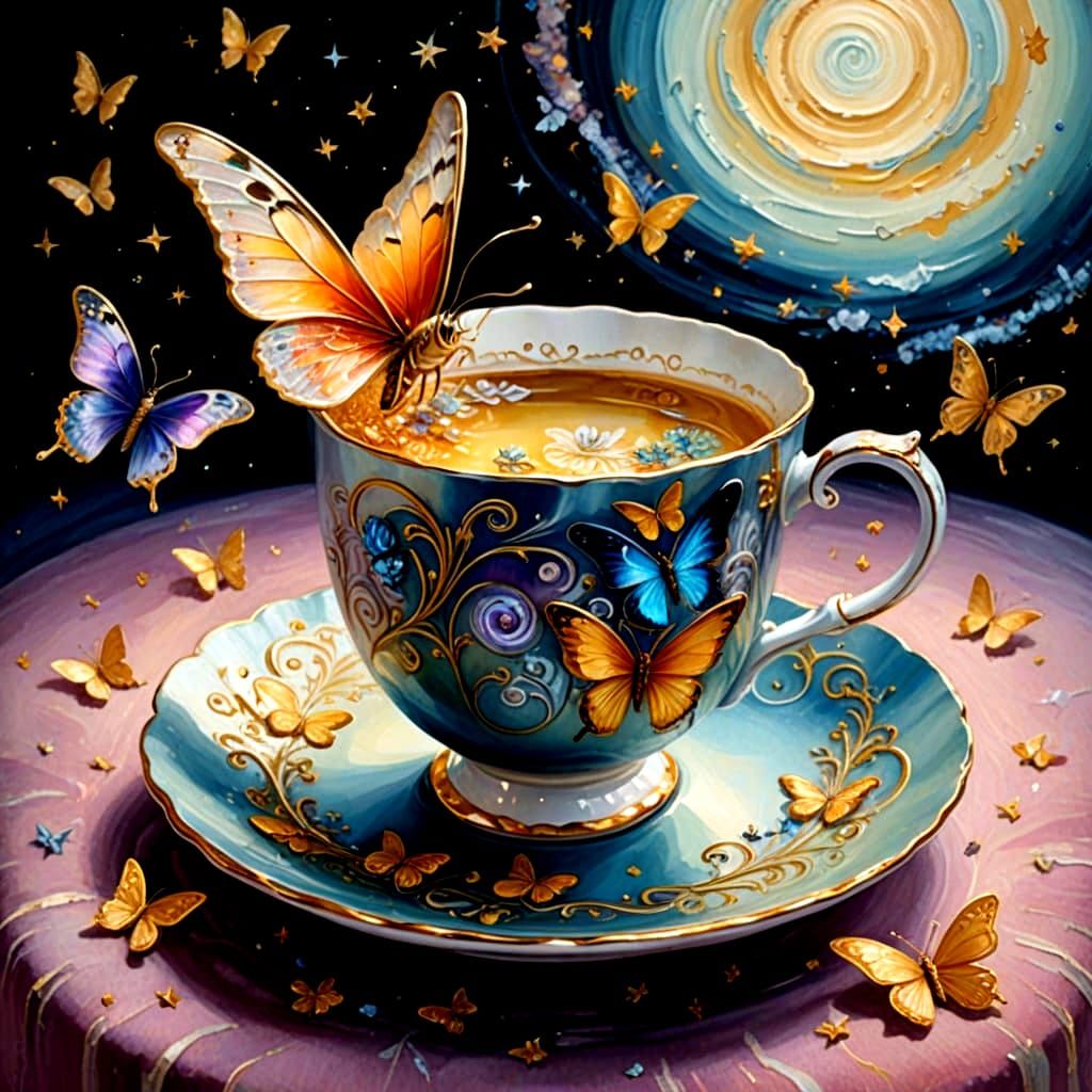 Ornate Teacup Amidst Butterfly Vortex Oil Painting