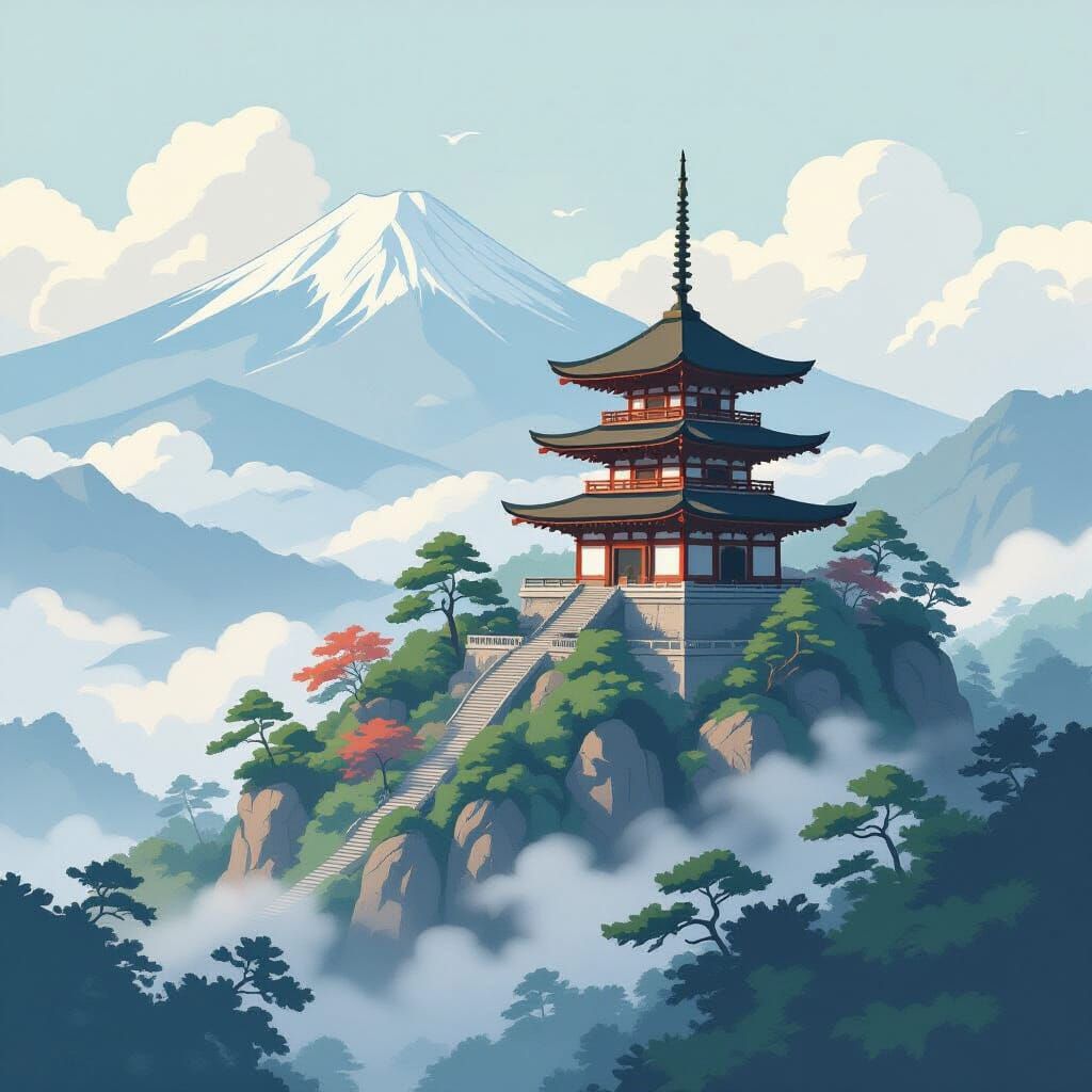 Misty Mountain Temple in Japanese Art Style