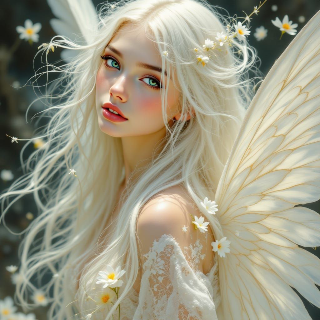 Ethereal Angel with Flowing Hair in Pre-Raphaelite Style