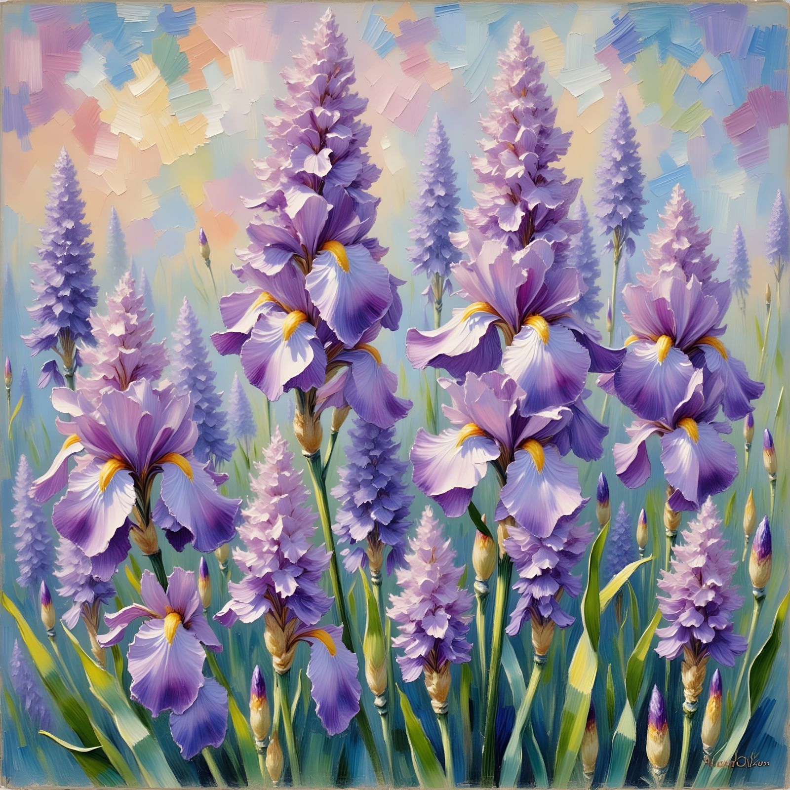 Lilac Irises in Impressionist Style