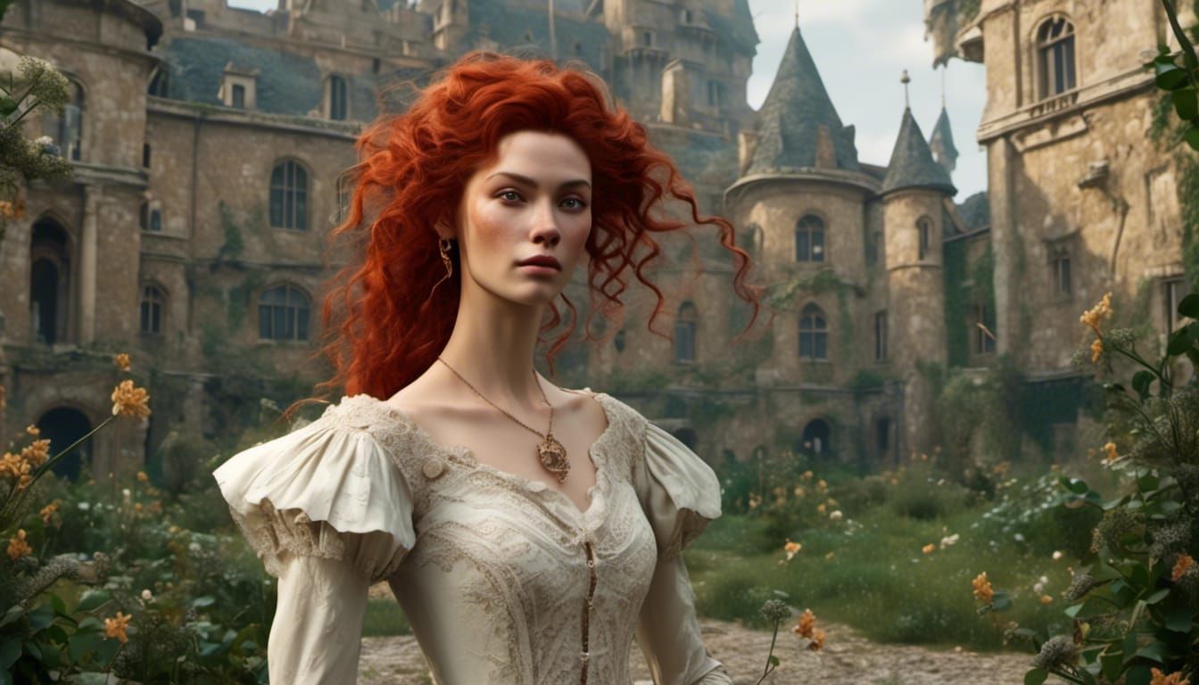 Red-Haired Beauty in Castle Garden