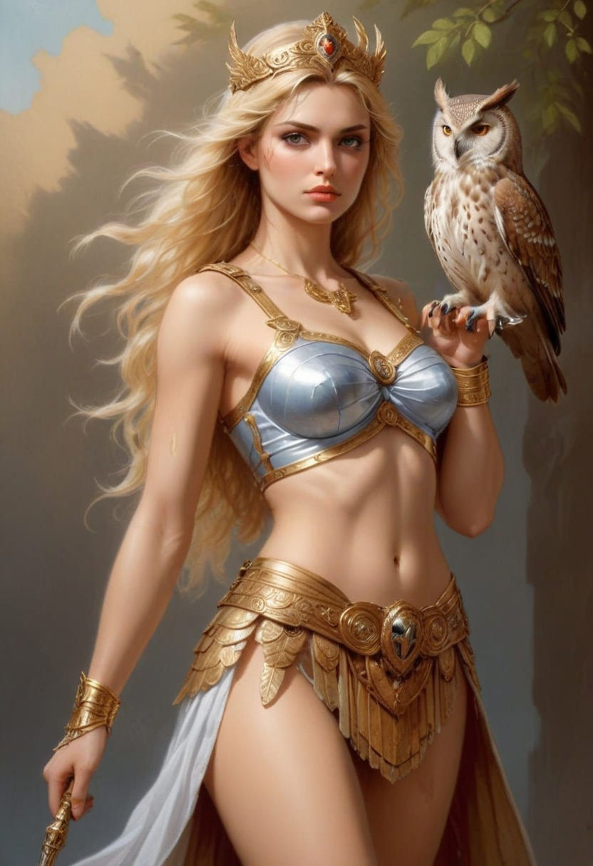 Athena in Armor with Owl: Fantasy Art Illustration