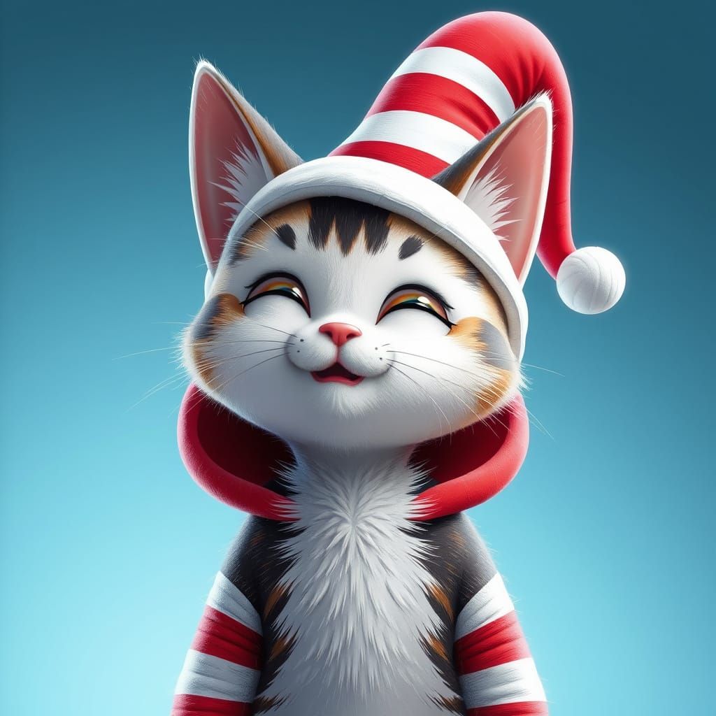 Whimsical Cat in Iconic Red and White Striped Hat, in 3D Ani...