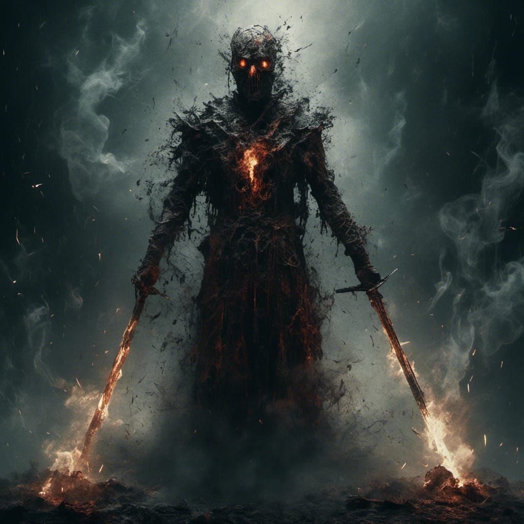 Ethereal Soldier-God Emerges from Smoke in Dark Fantasy