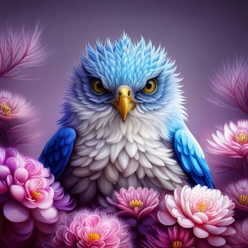 Cute Blue Bird with Fractal Flowers in Pixel Art
