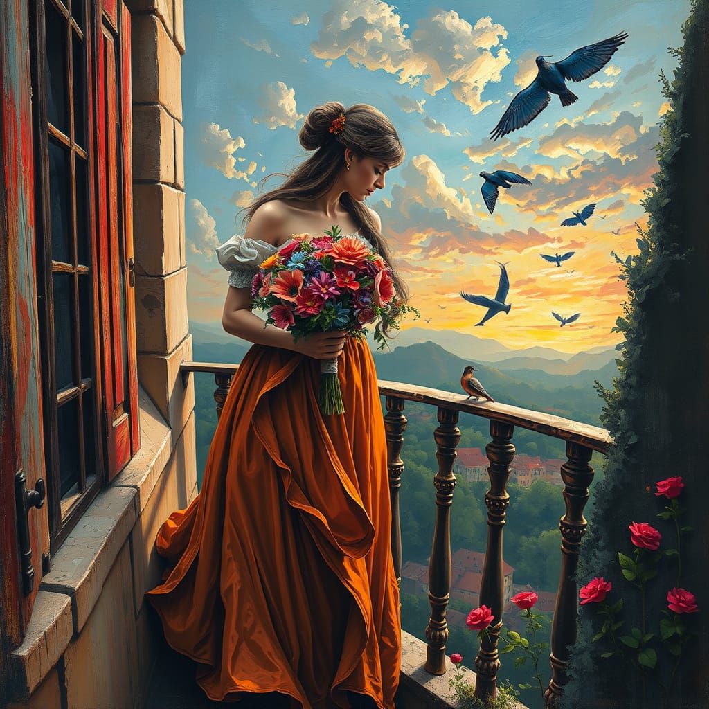 Romeo and Juliet Balcony Scene in Textured Acrylic Impasto