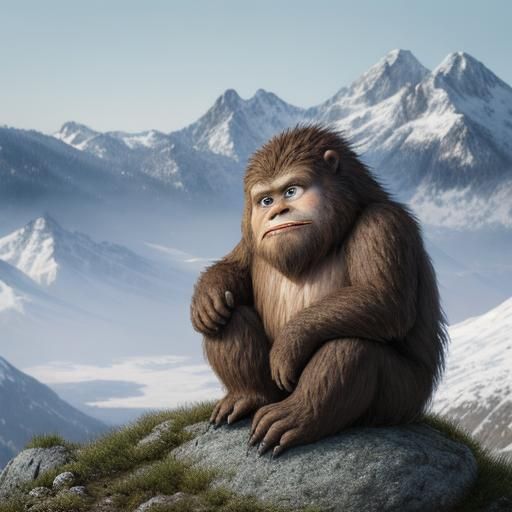 Sad Tiny Sasquatch Portrait on a Mountain