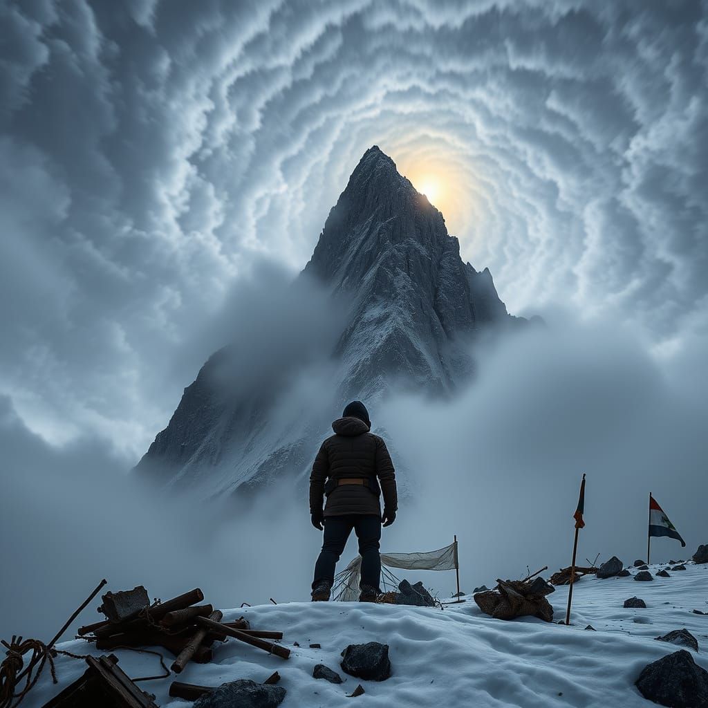 Resolute Figure Confronts Granite Mountain in Turbulent Skie...