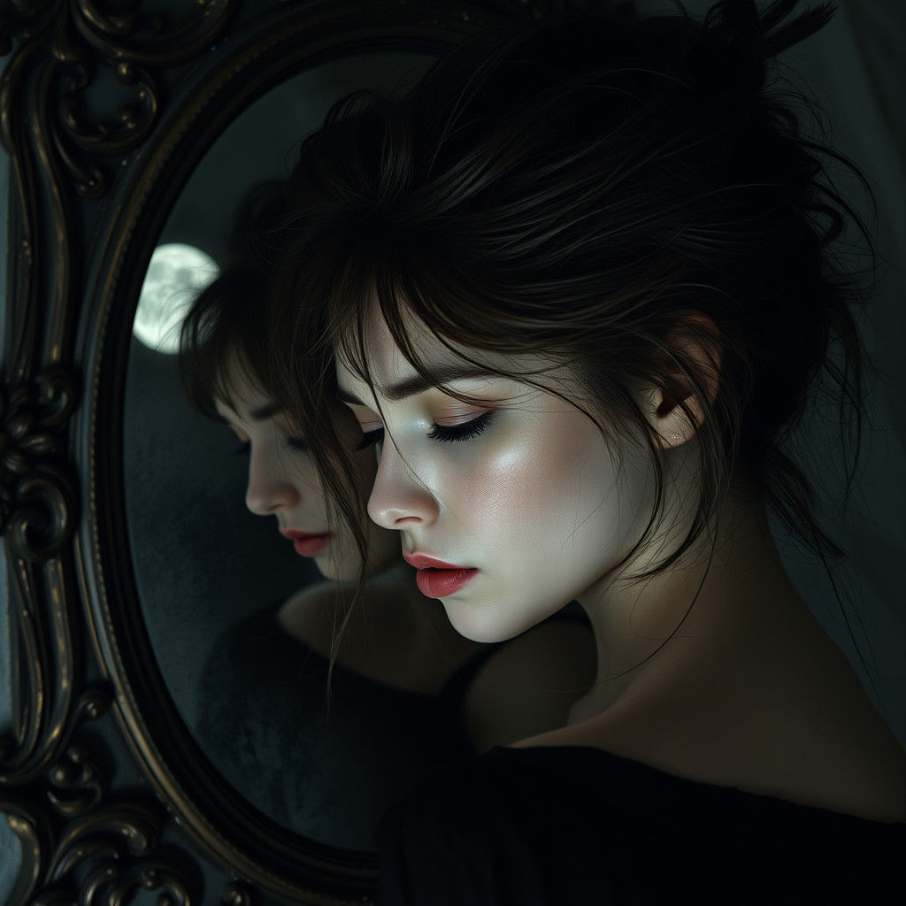 Introspective Woman in Ornate Mirror, Eerie Realism