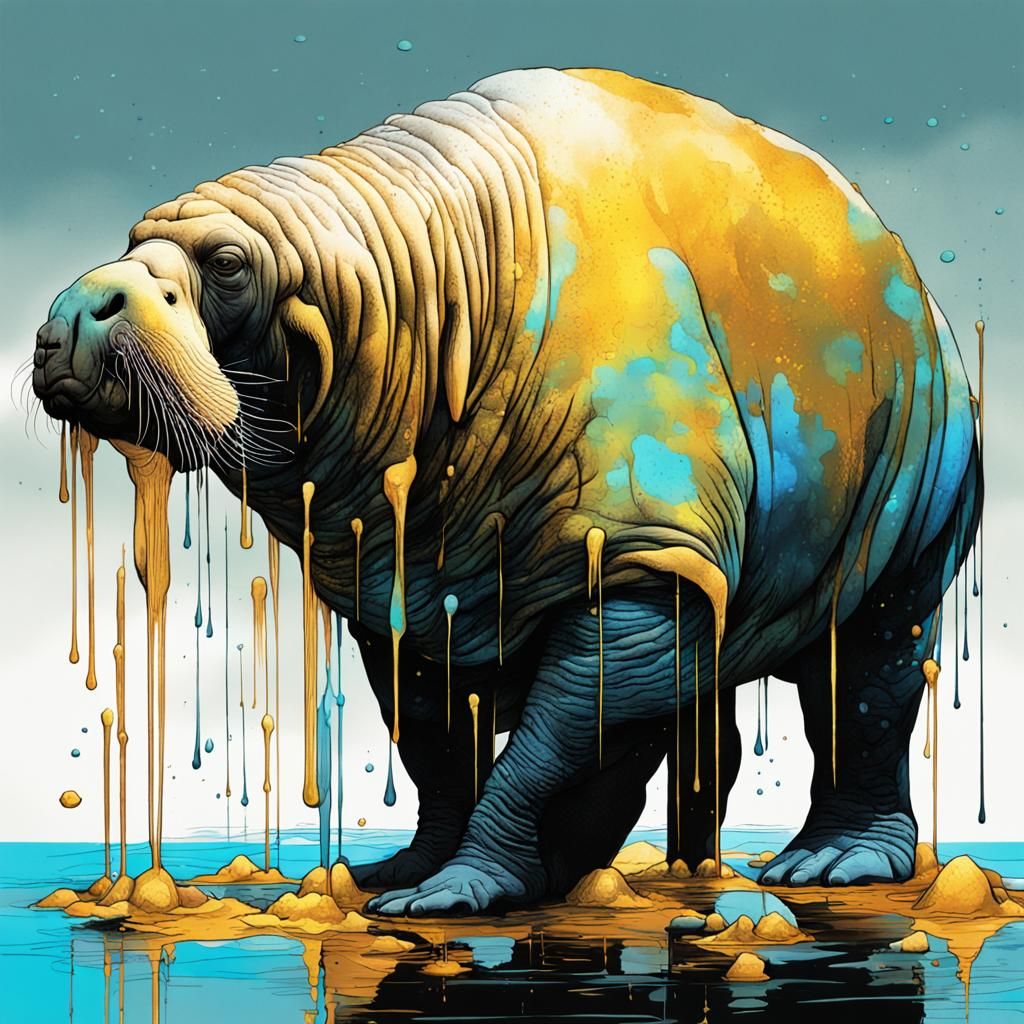 Surreal Walrus Hologram in a Dazzling Golden Splatter Art St...
