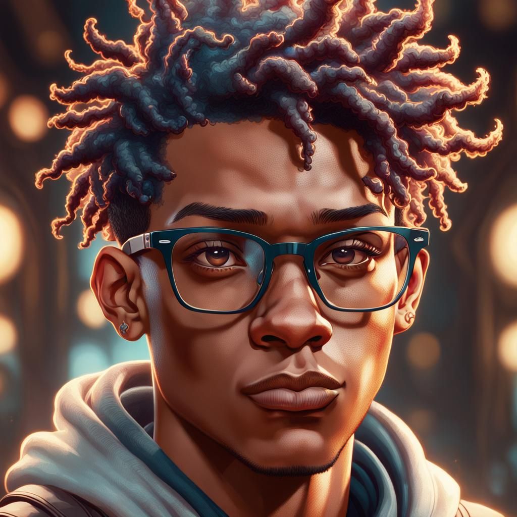 Detailed Portrait of Boy with Glasses in Art Nouveau Style