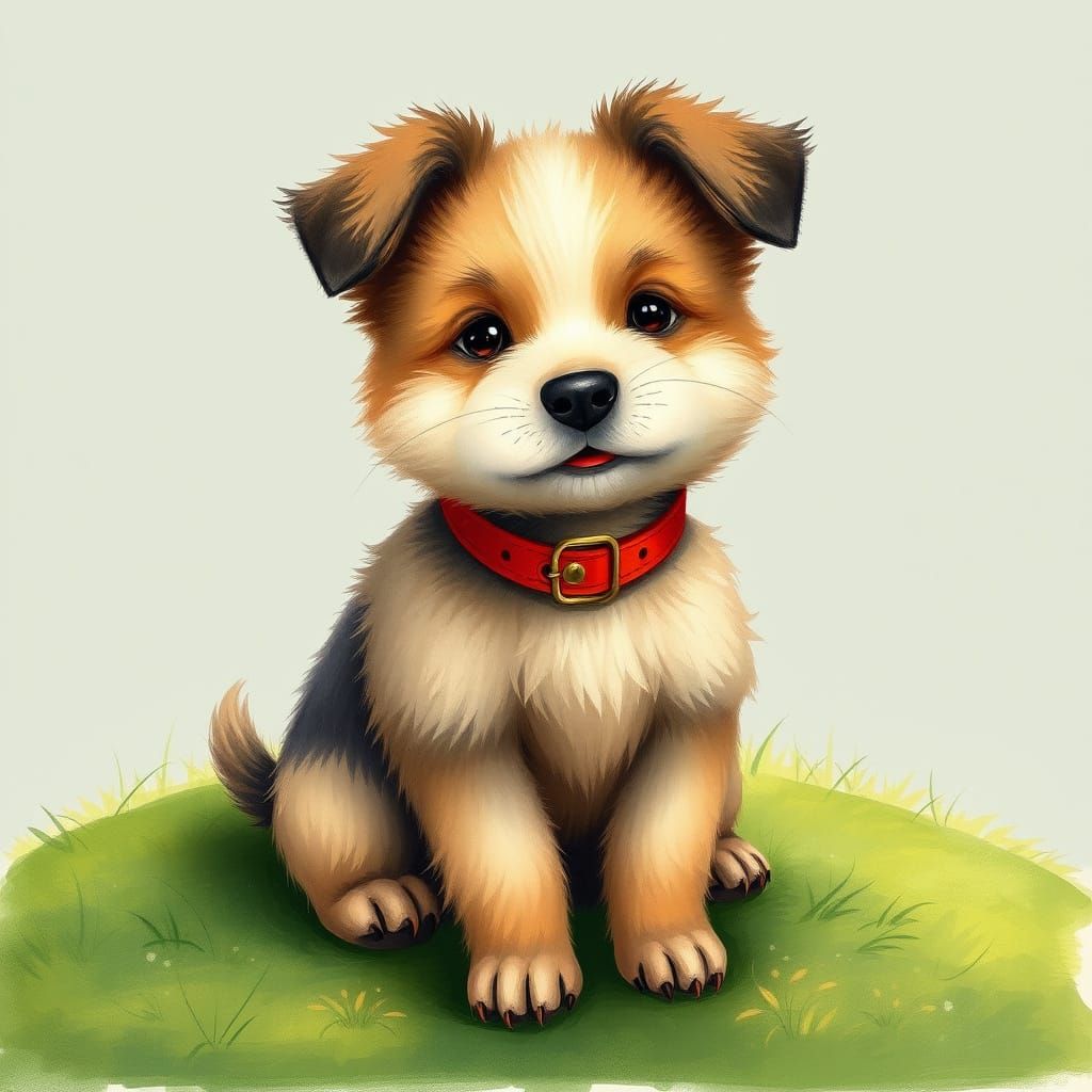 Adorable Dog on Green Hill, Beatrix Potter Style