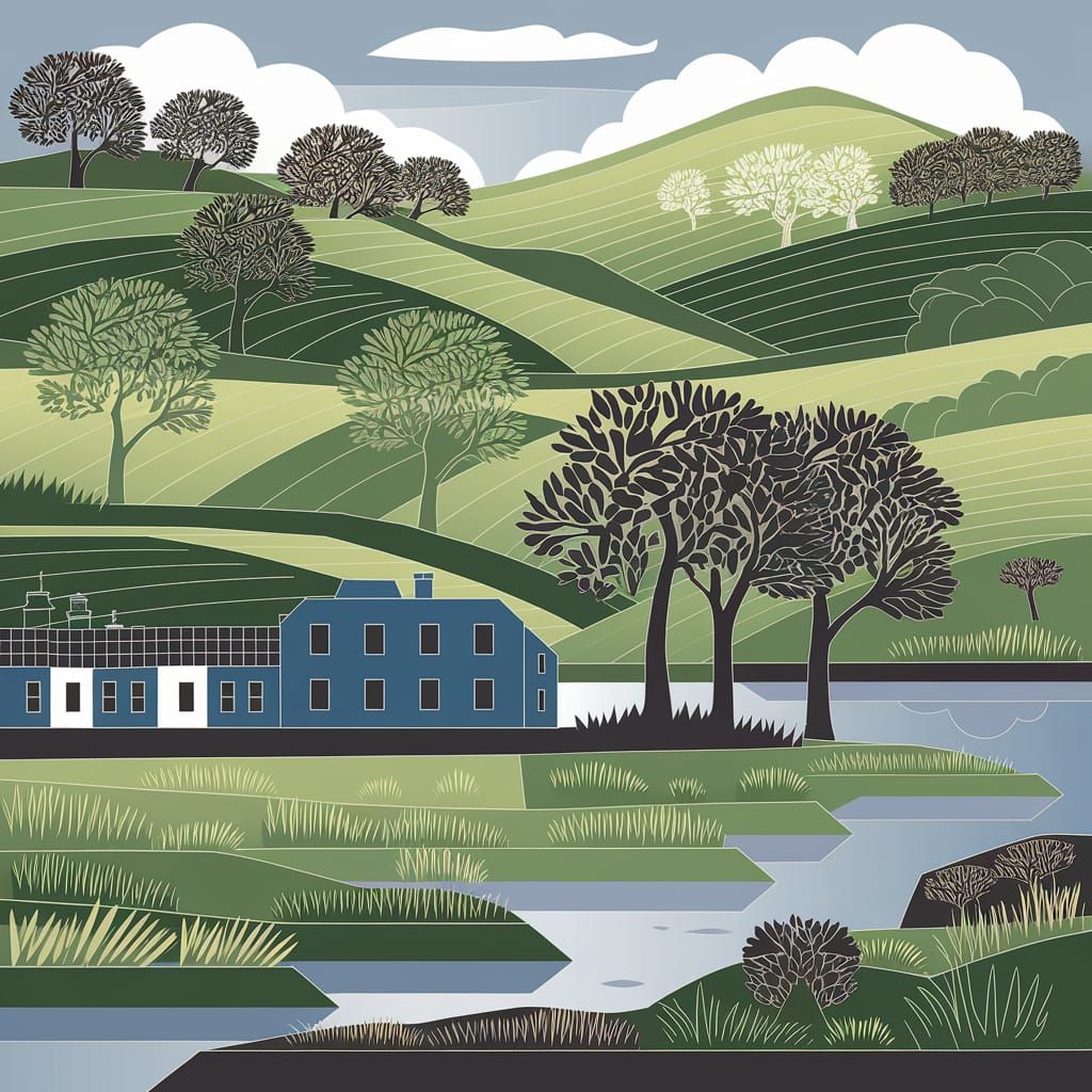 Matisse Style Paper-Cut English Countryside Landscape