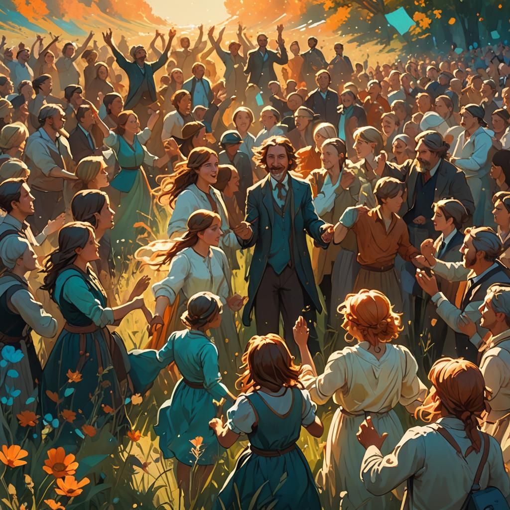 Sun-Drenched Meadow Crowd in Dynamic Lighting