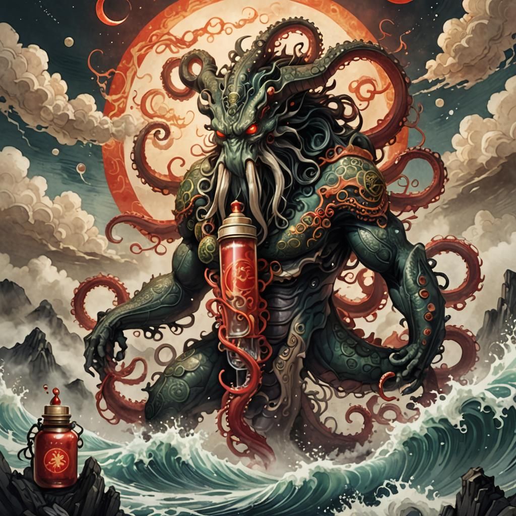 Tentacle Demon with Baby Bottle in Ink Painting Style
