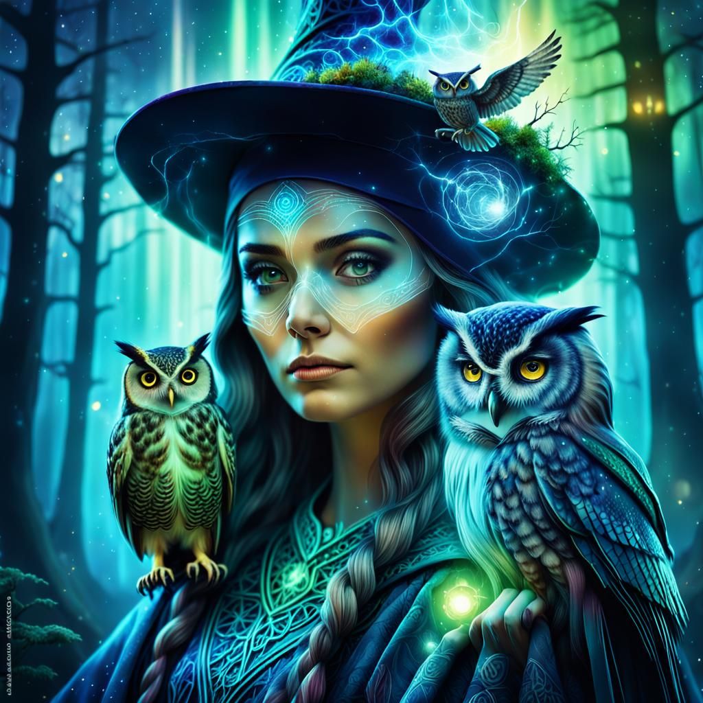 Mystical Sorceress Double Exposure Portrait in Magical Reali...