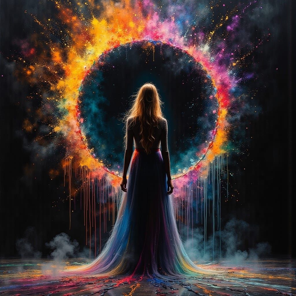 Woman and Morphic Mirror in Dark Oil Paint Style