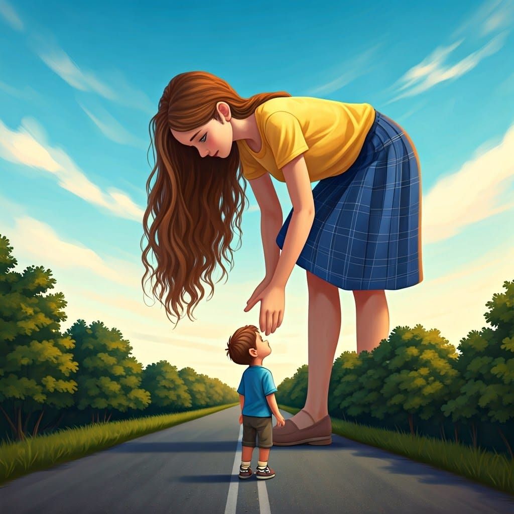 Giant Young Goddess Bends Down to Adore a Young Boy